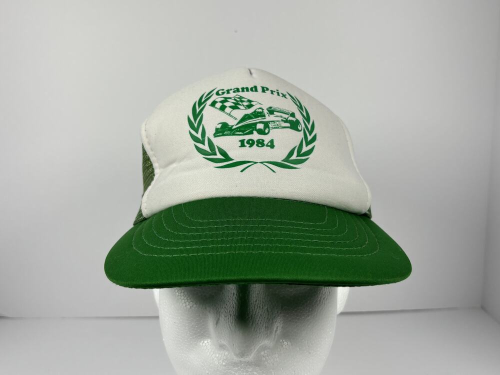 Vintage Grand Prix 1984 Sportcap Green Mesh Trucker Snapback Hat Made in Taiwan